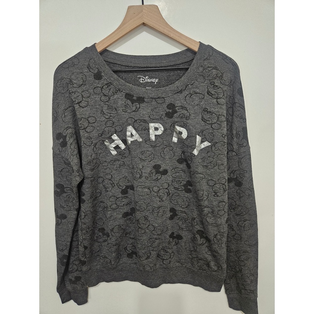 Disney Mickey Mouse Happy Graphic Sweatshirt Charcoal Grey Large Pullover